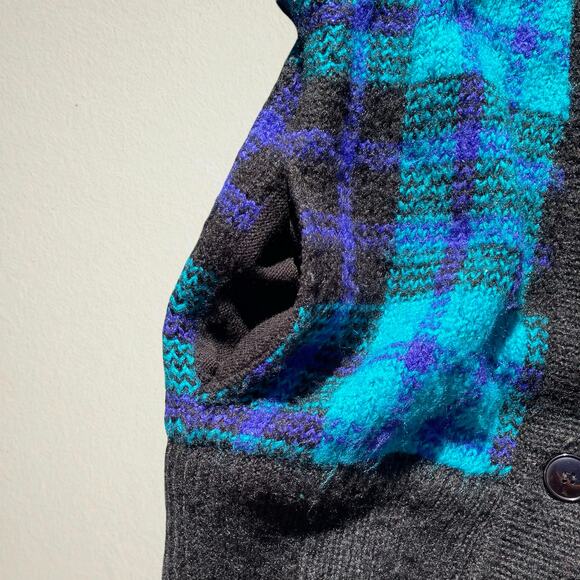 Vintage 1980s men’s blue plaid cardigan sweater shawl collar, retro prep grunge - Picture 7 of 10